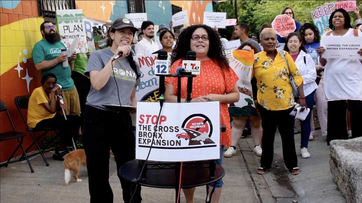 Members of the Stop the Cross Bronx Expansion coalition rallied Thursday outside a New York State Department of Transportation meeting Thursday to oppose the planned expansion of the Cross Bronx Expressway.